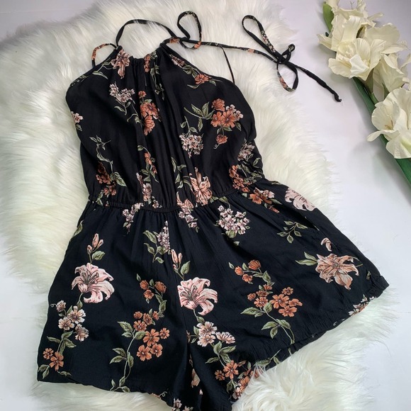 Angie Black Floral Romper Halter size Small Pink Print Sleeveless Spaghetti S - Picture 2 of 10